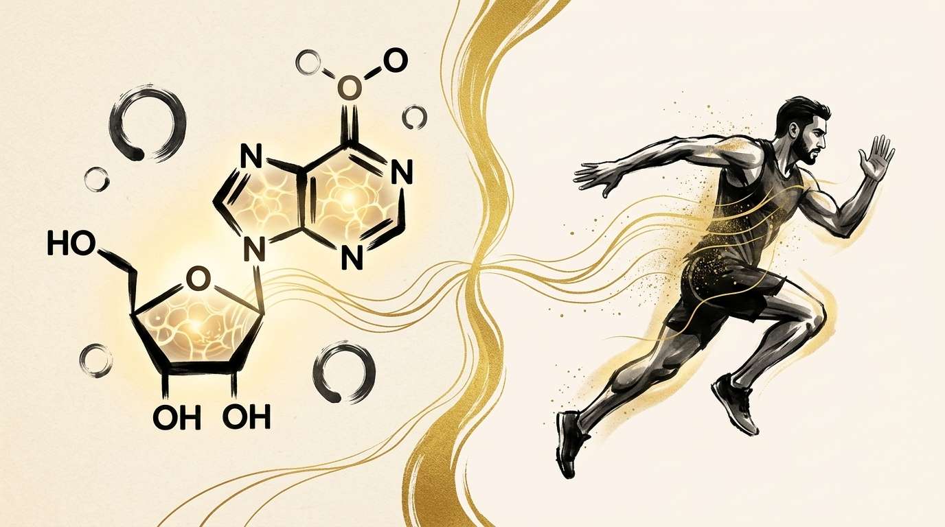 Scientific illustration of NAD+ molecule with clinical trial data and cellular energy pathways