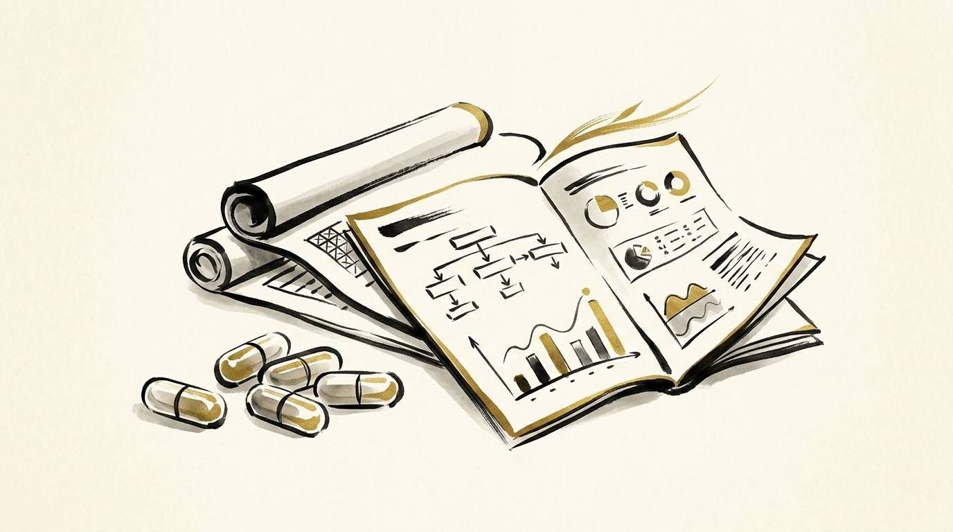 NMN supplement capsules alongside clinical trial research papers and data charts