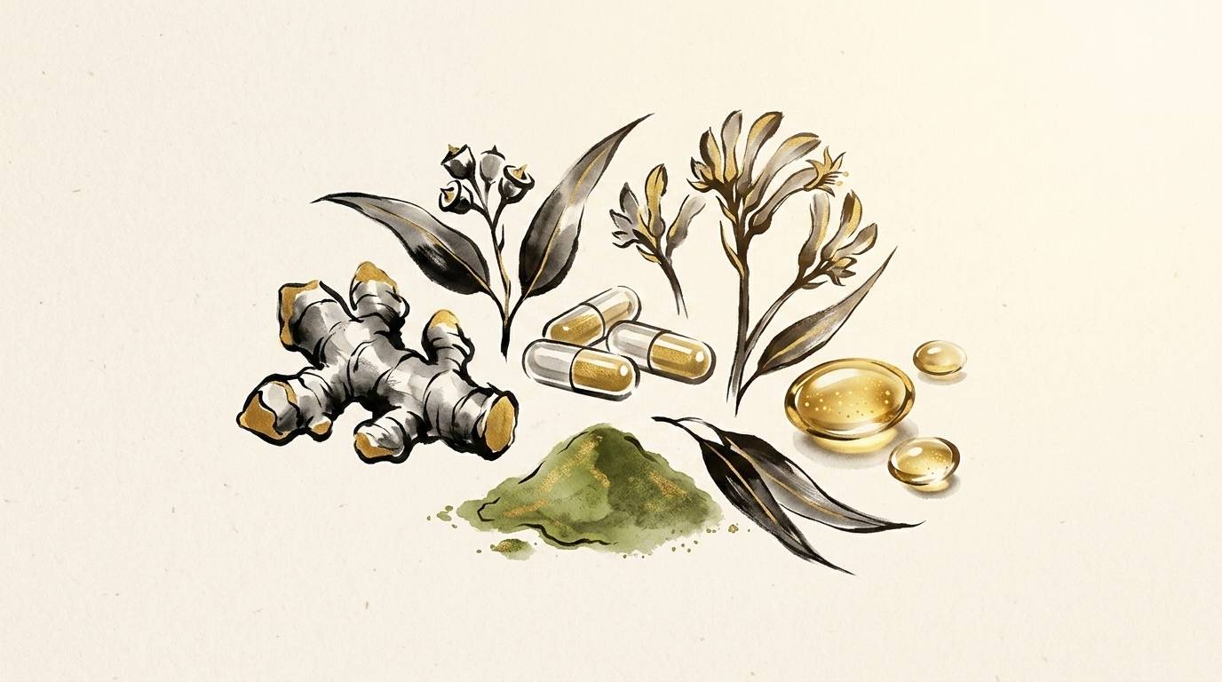 Longevity supplements arranged on a timber surface with Australian native botanical elements