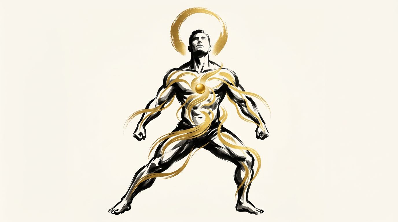 Athletic man showing vitality with golden NAD+ cellular energy visualization
