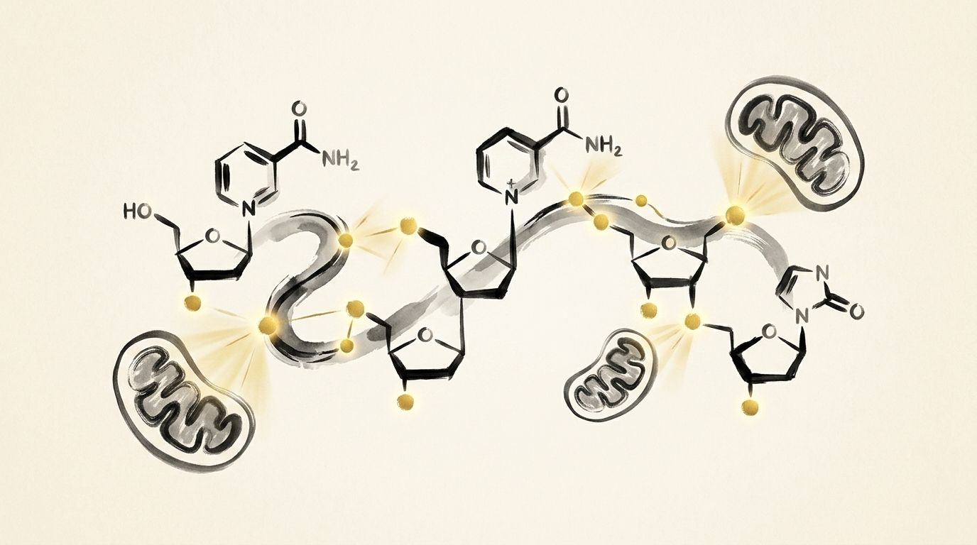 NAD+ booster supplement capsules alongside a molecular diagram of the NAD+ biosynthesis pathway