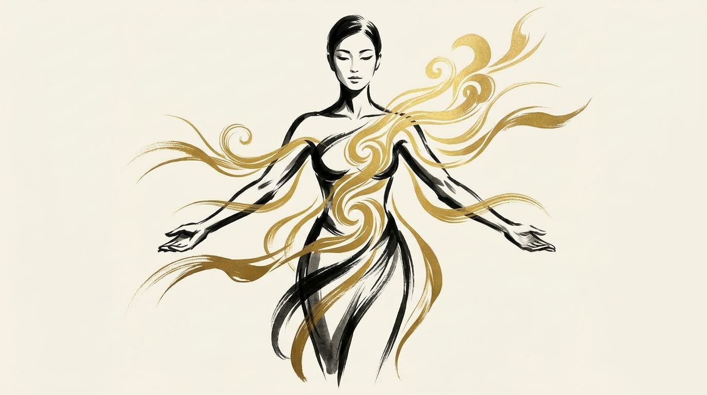 Elegant illustration of woman radiating health with golden NAD+ cellular energy